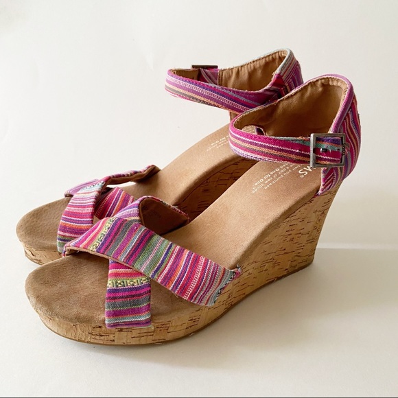 Toms Shoes - TOMS Sienna Wedge Cork Sandals Pink Striped Size 9